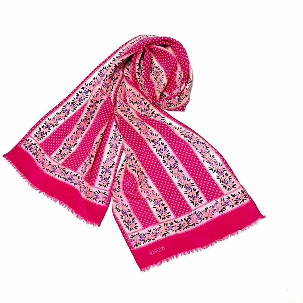 Bill Blass for Baar & Beards Silk Scarf Rectangle Raspberry Floral Hand Rolled